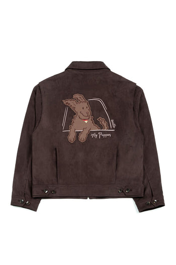 Brown IOEDLE jacket featuring a cute puppy, designed for comfort and style, perfect for a cozy puppy's trip to grandma’s.