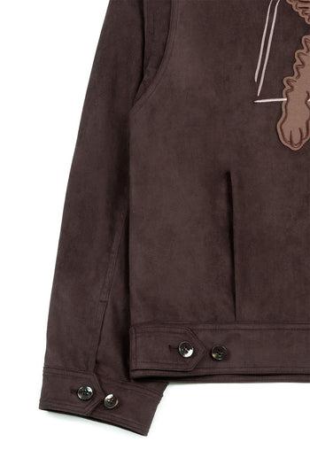 Brown IOEDLE jacket featuring a cute puppy illustration, perfect for a child's trip to grandma's, stylish and cozy.