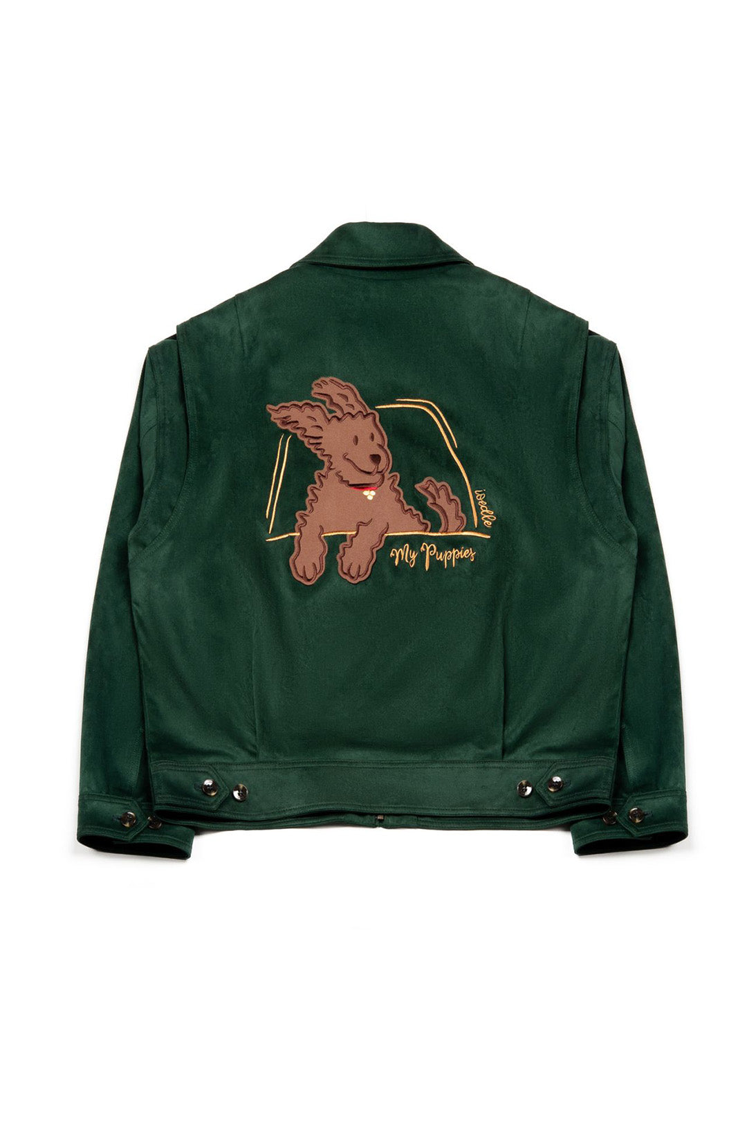 Green IOEDLE jacket for puppies featuring a playful design, perfect for a trip to grandma’s with cozy, stylish comfort.