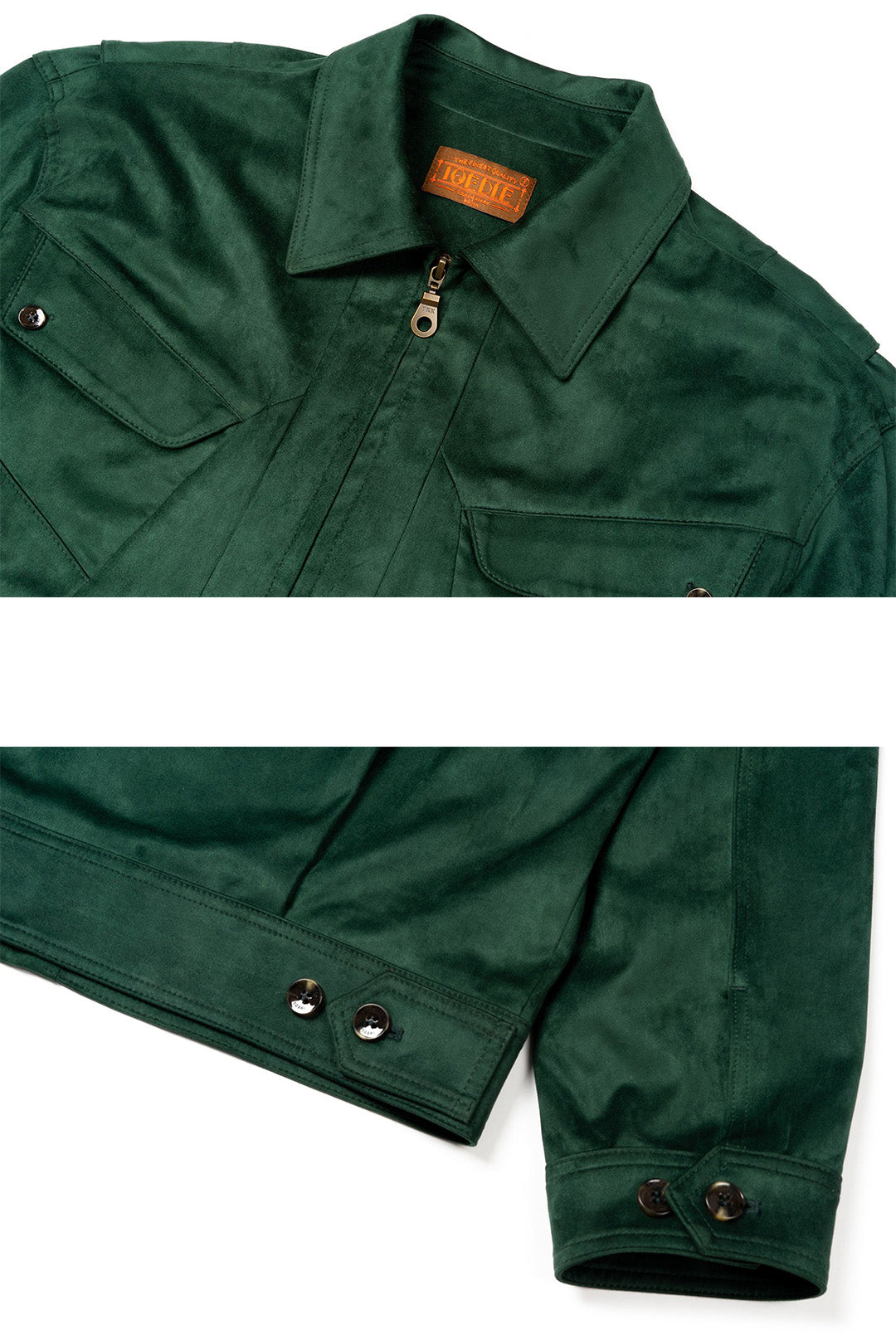 Green IOEDLE jacket for puppies, featuring a playful design inspired by a trip to grandma’s, shown on a small dog.