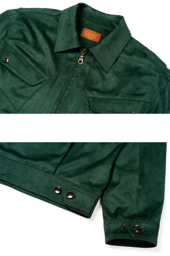 Green IOEDLE jacket for puppies, featuring a playful design inspired by a trip to grandma’s, shown on a small dog.