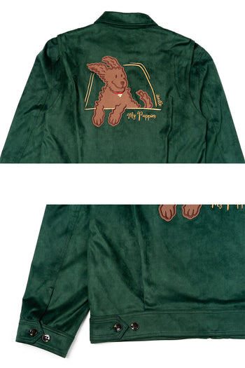 Green IOEDLE jacket for puppies featuring a playful design, suitable for a cozy trip to grandma’s house.
