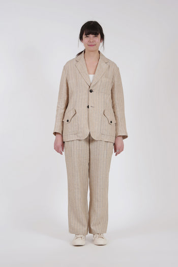 Beige linen jacket by IOEDLE, lightweight jacket with a relaxed fit, shown on a hanger against a neutral background.