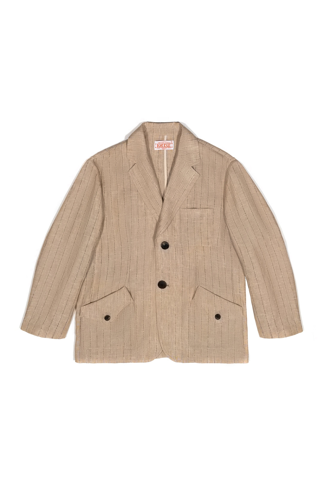 Beige linen jacket by IOEDLE, lightweight and stylish, shown on a hanger with visible fabric texture.