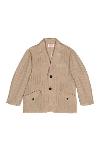 Beige linen jacket by IOEDLE, lightweight and stylish, shown on a hanger with visible fabric texture.