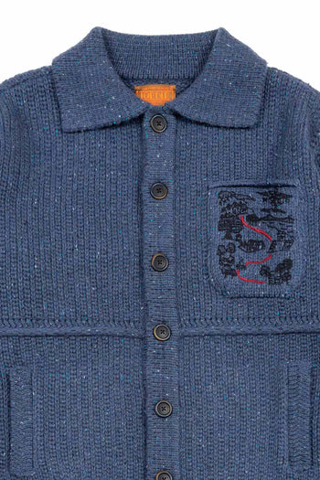 Blue Guide to Memories Knit Jacket by IOEDLE, featuring a cozy knit design and casual style, displayed on a hanger.