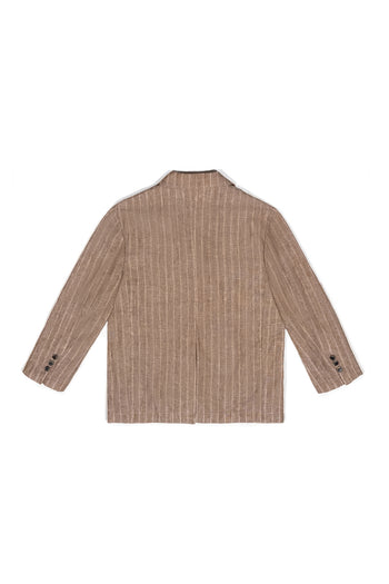 Brown linen jacket by IOEDLE, showing front view with collar, button closure, and tailored fit on model.