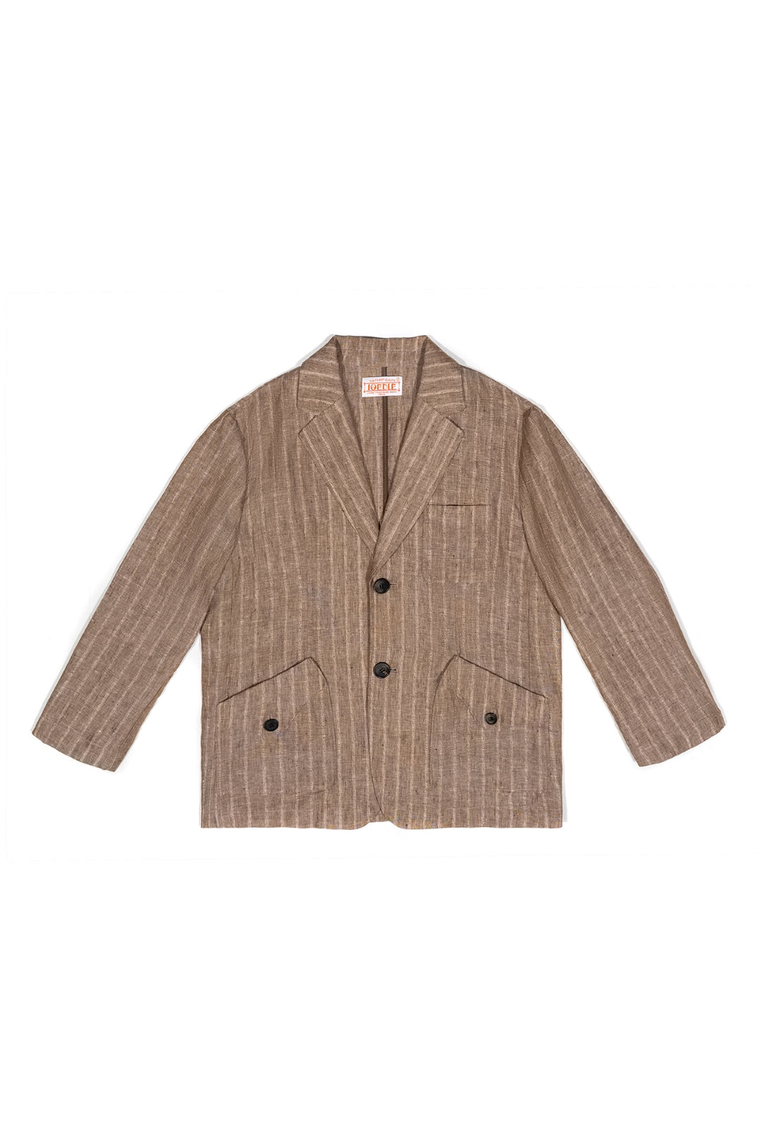 Brown linen jacket by IOEDLE, lightweight and stylish, shown on a hanger with visible texture and natural fabric details.