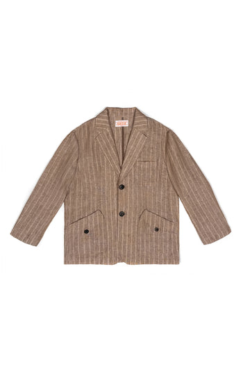 Brown linen jacket by IOEDLE, lightweight and stylish, shown on a hanger with visible texture and natural fabric details.