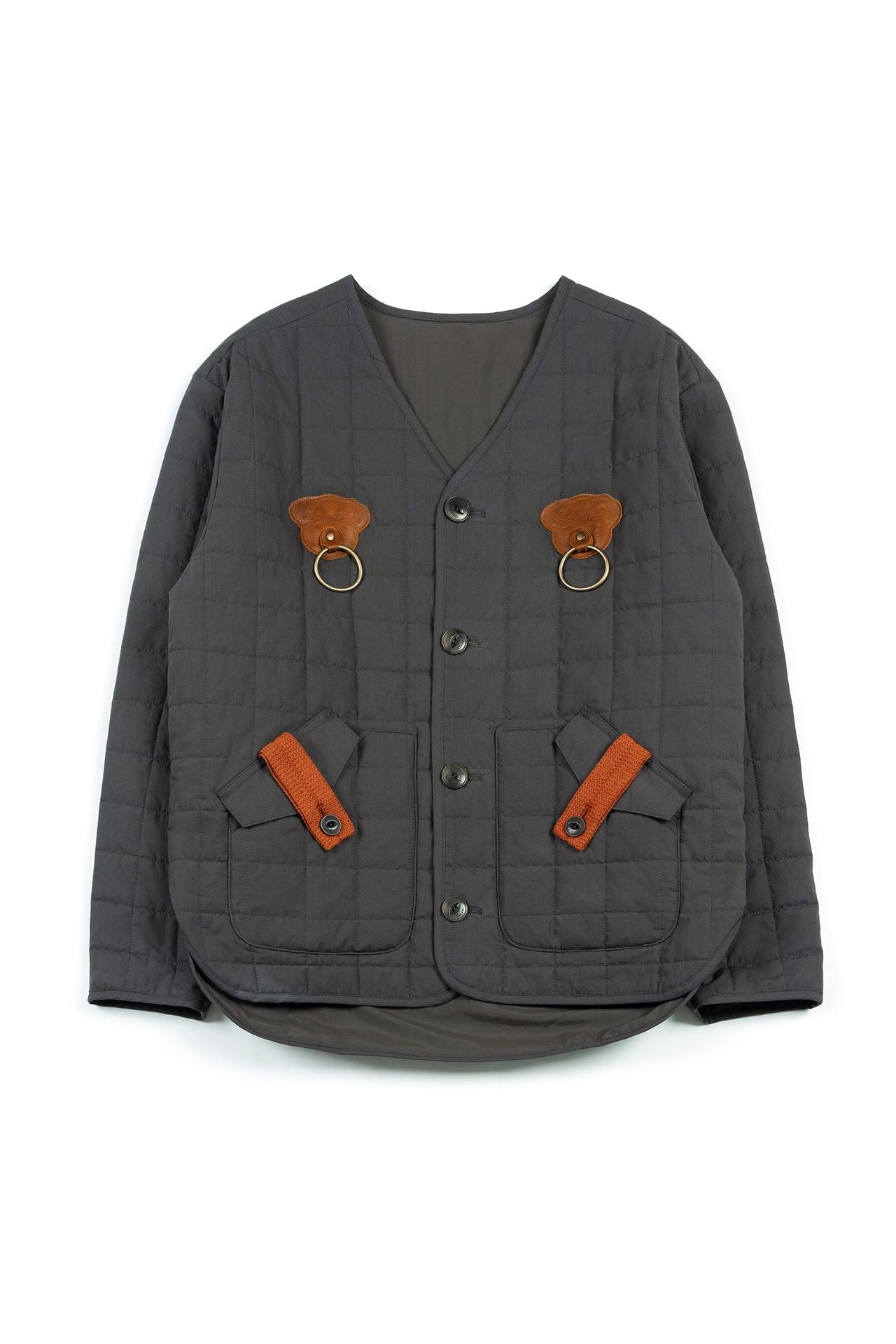 IOEDLE Welcoming Gate Quilted Jacket in charcoal, showing the jacket's front view with quilted design and cozy collar.