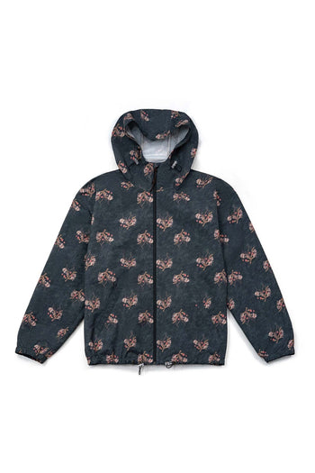 Dark grey IOEDLE windbreaker jacket with a vibrant flower graphic design, lightweight and suitable for casual wear.