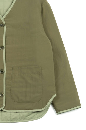 Olive green IOEDLE Welcoming Gate Quilted Jacket with padded design and stand-up collar, displayed on a hanger.