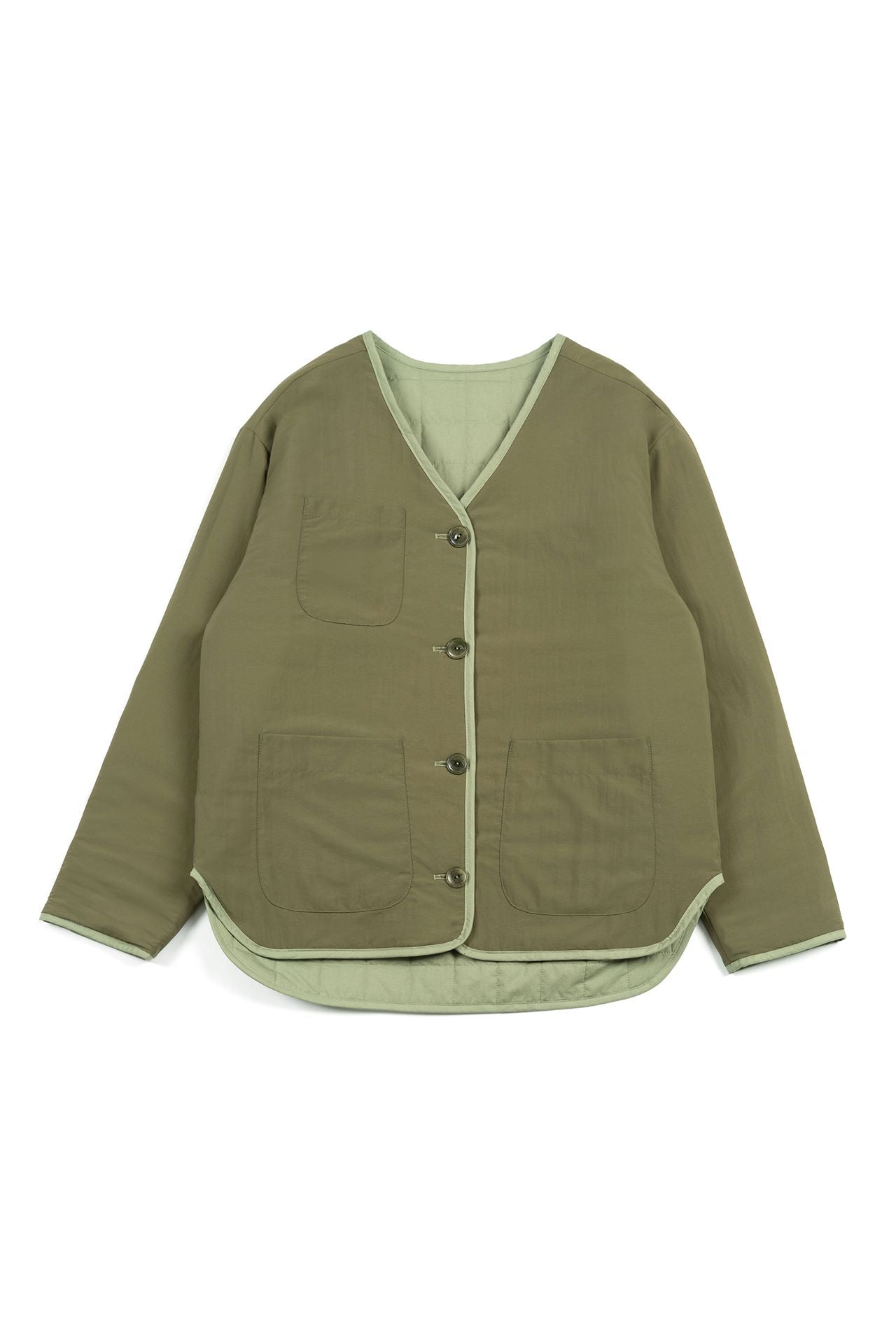 Olive green IOEDLE Welcoming Gate Quilted Jacket for women displayed on a model, with a high collar and padded design.