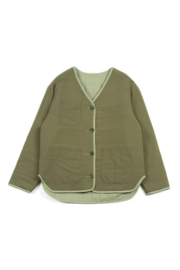 Olive green IOEDLE Welcoming Gate Quilted Jacket for women displayed on a model, with a high collar and padded design.