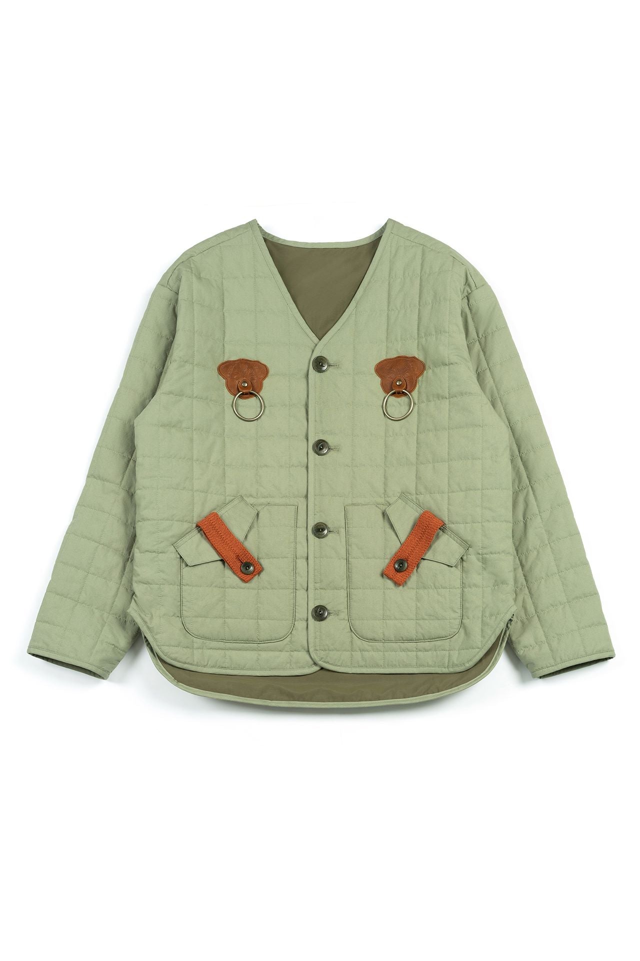 Olive green IOEDLE quilted jacket with a welcoming gate design, featuring a cozy, stylish outerwear look.