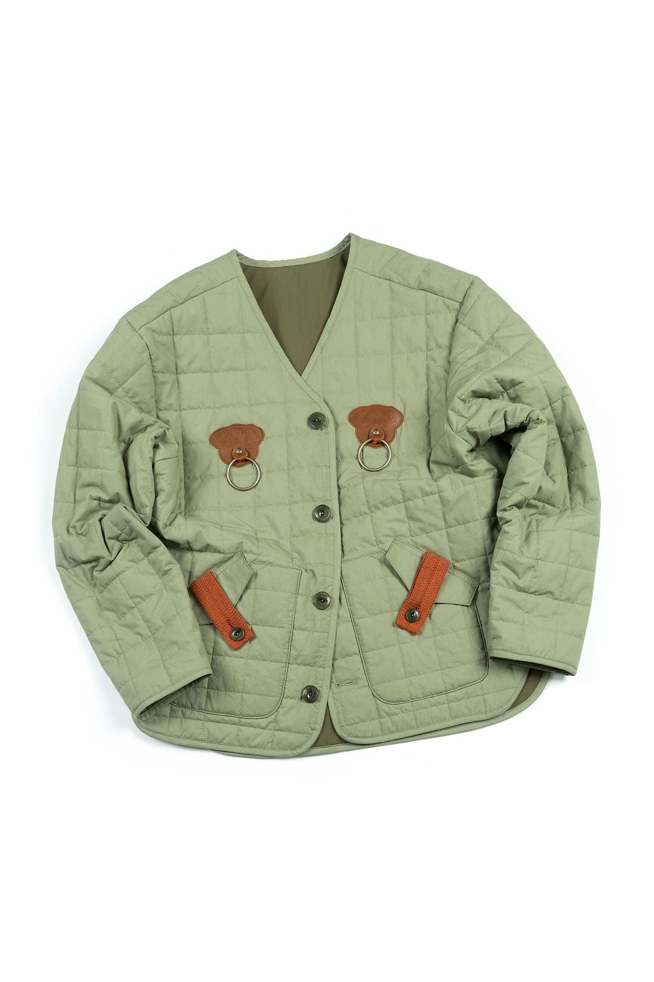 Olive green quilted jacket from IOEDLE, featuring a welcoming gate design, long sleeves, and cozy style.