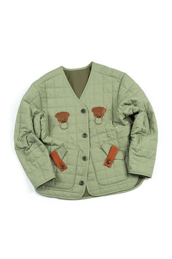 Olive green quilted jacket from IOEDLE, featuring a welcoming gate design, long sleeves, and cozy style.