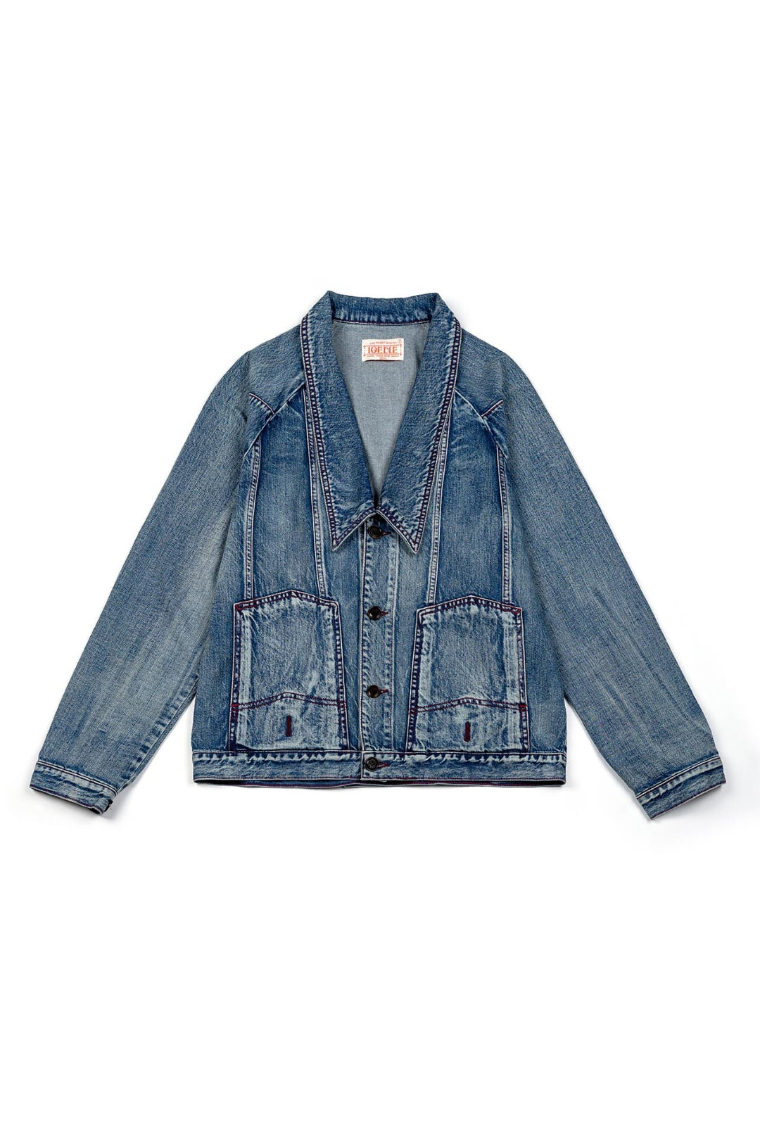 IOEDLE upside down denim jacket displayed, showcasing unique design and classic denim style with button details and collar.