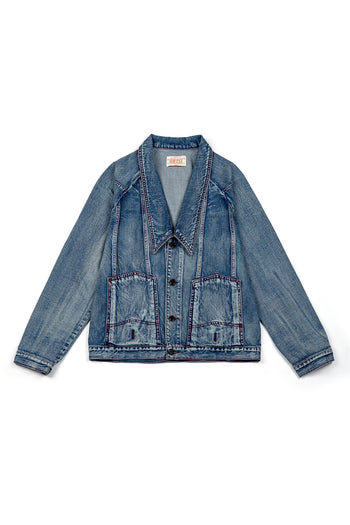 IOEDLE upside down denim jacket displayed, showcasing unique design and classic denim style with button details and collar.