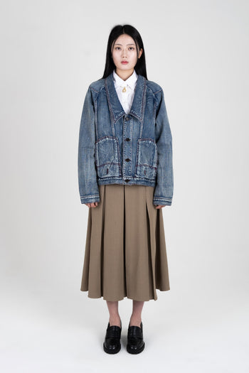 IOEDLE upside down denim jacket, stylish casual jacket with unique design, front view showing distressed denim and button details.