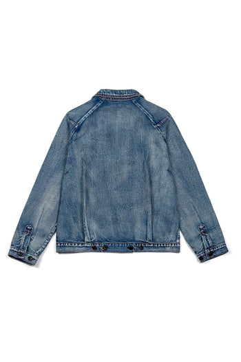 IOEDLE upside-down denim jacket, casual jacket with unique reverse design, featuring classic denim style and button details.