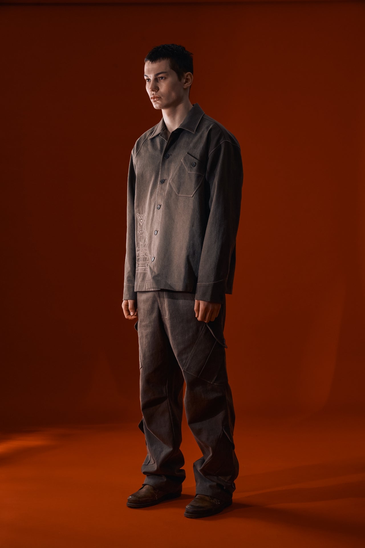 Brown IOEDLE diagonal landscape shirt featuring a stylish geometric pattern on soft fabric.