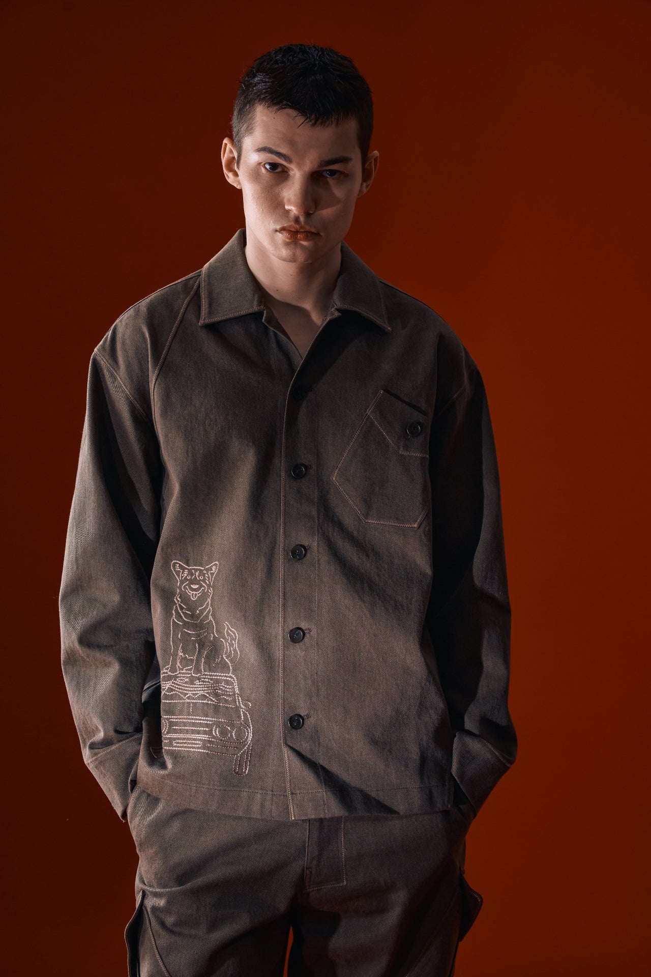 Brown diagonal landscape shirt by IOEDLE featuring a stylish geometric pattern on soft fabric.