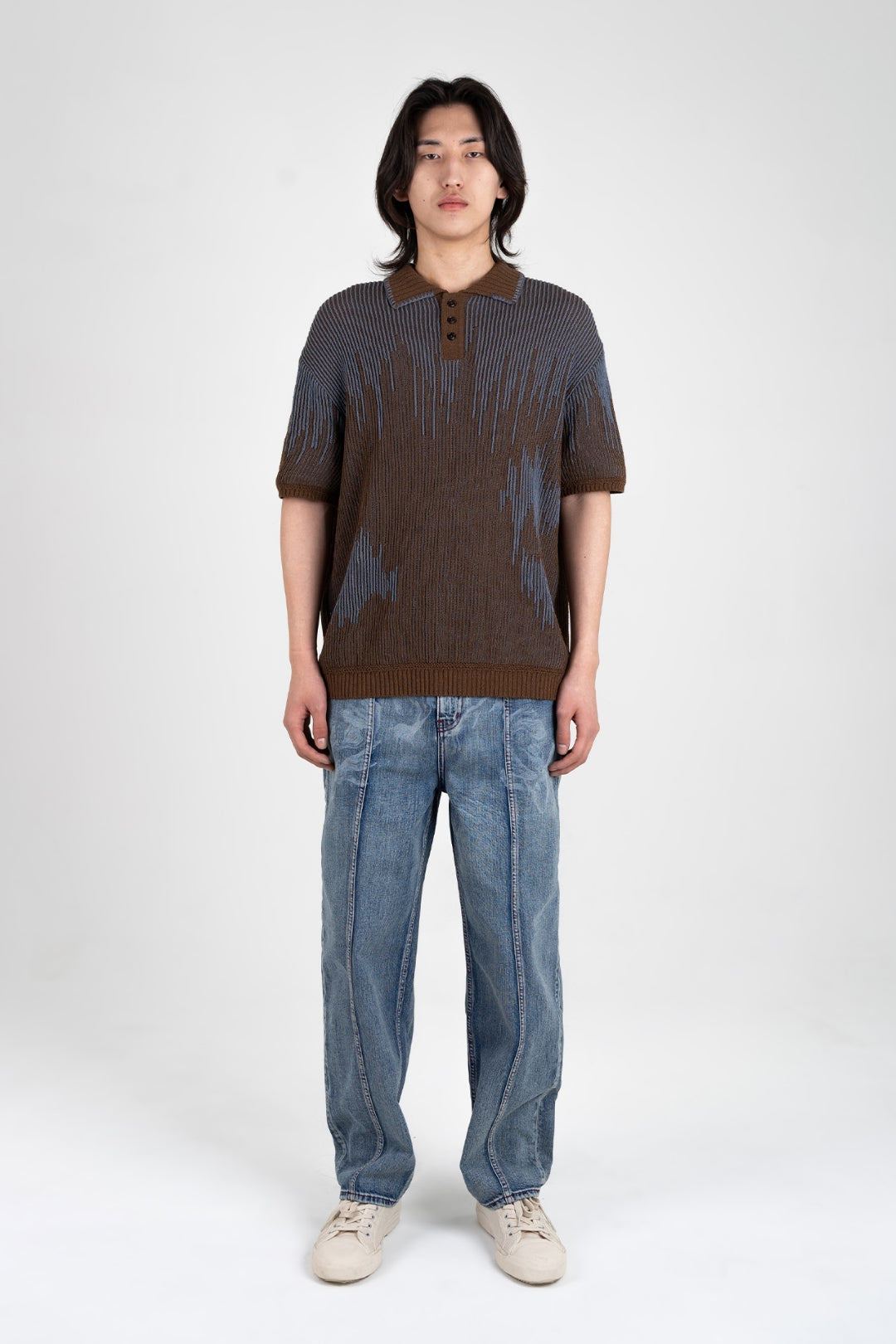 IOEDLE Meteor Shower Knit Brown shirt, brown fabric with a textured knit design, displayed flat on a white background.