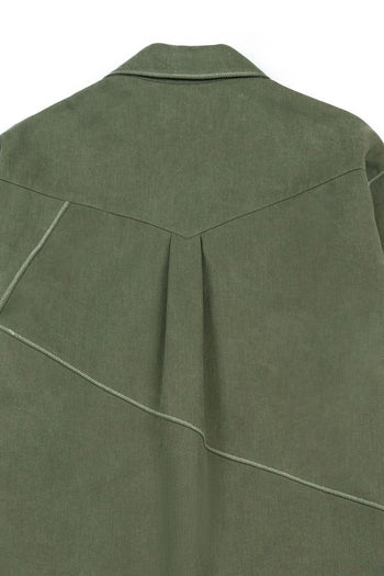Green IOEDLE diagonal landscape shirt with a vibrant geometric pattern, displayed on a plain background.