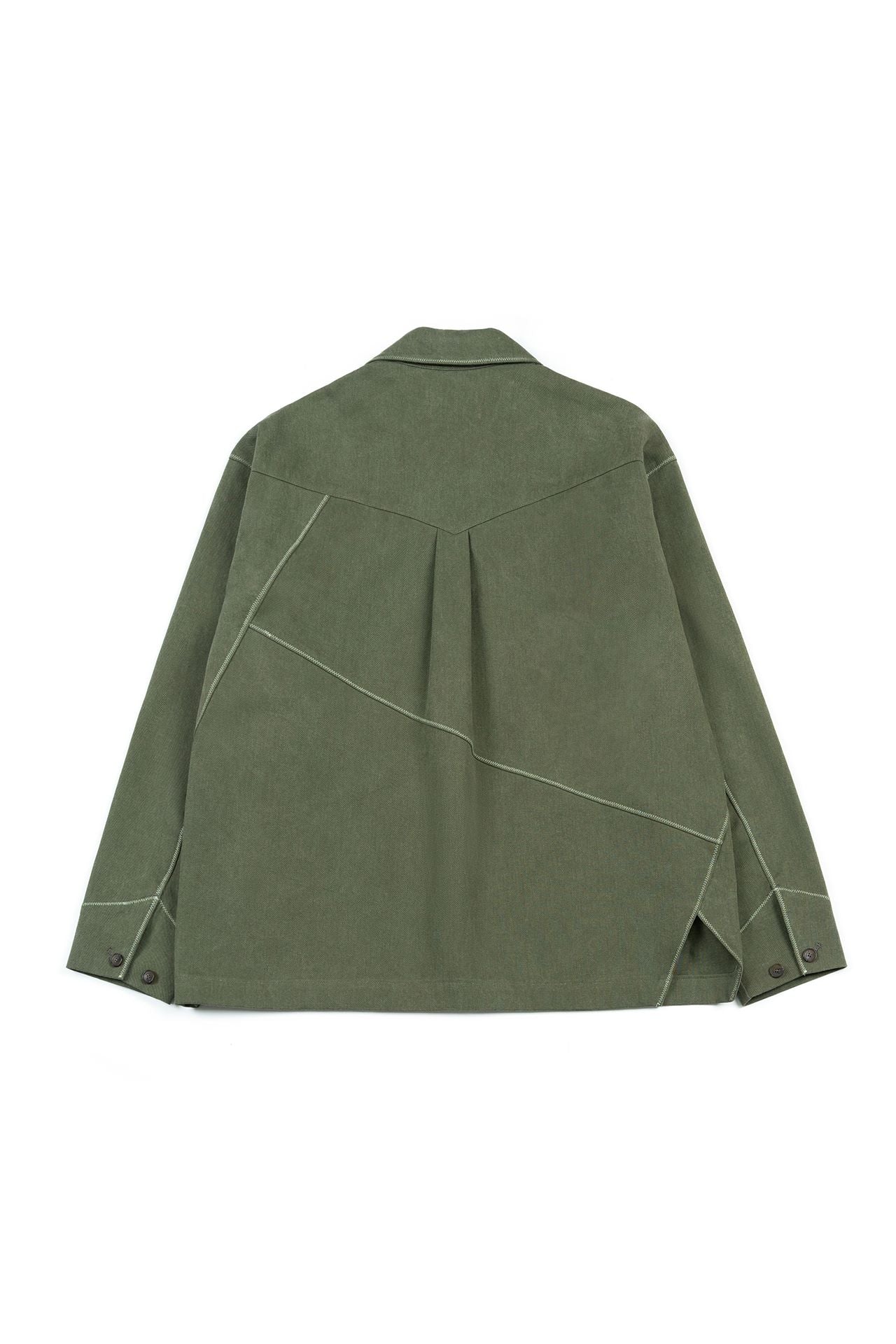 Green IOEDLE diagonal landscape shirt featuring a vibrant, geometric pattern on lightweight fabric.