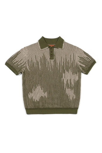 IOEDLE Meteor Shower Knit Khaki shirt displayed on a hanger, showing the fabric texture and classic design.
