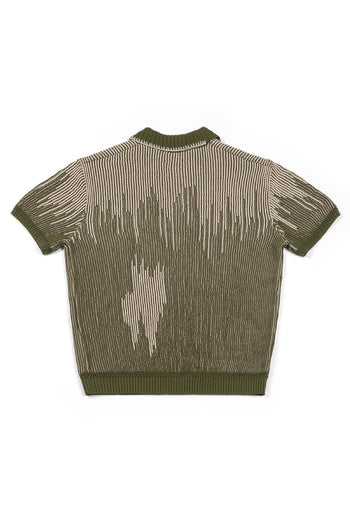 IOEDLE Meteor Shower Knit Khaki shirt displayed on hanger, showcasing its casual knit fabric and stylish khaki color.