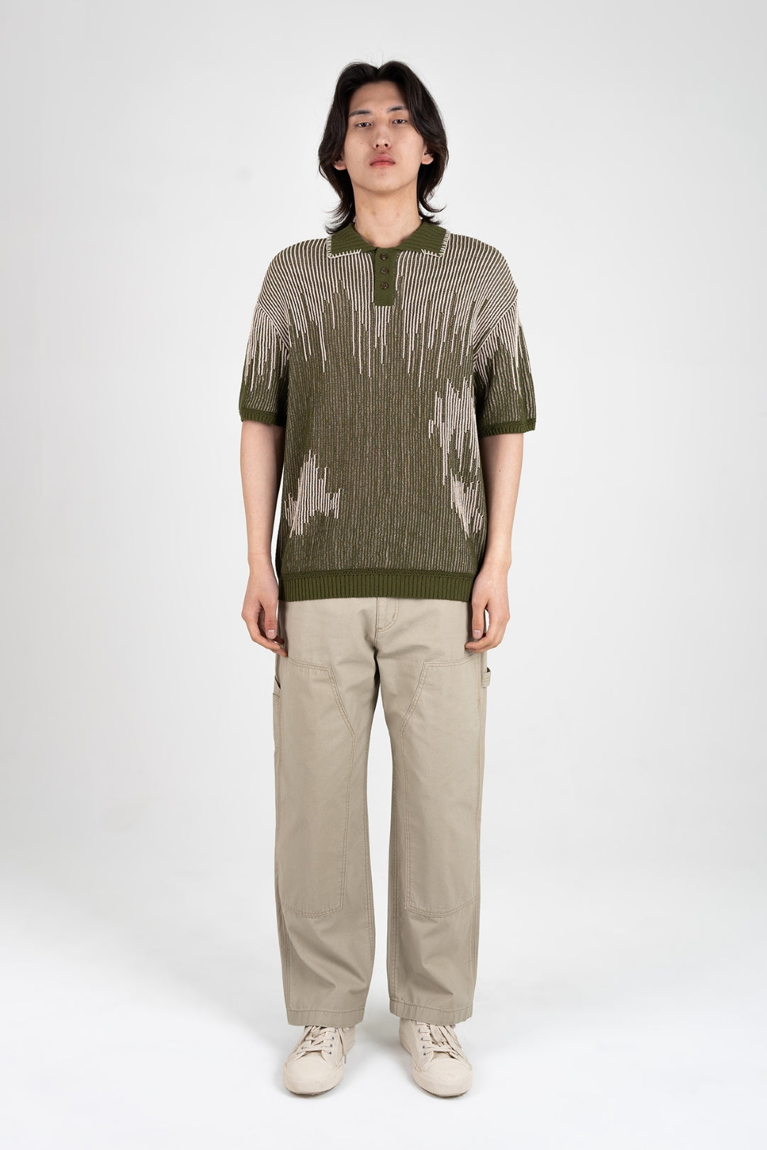 IOEDLE Meteor Shower Knit Khaki shirt, casual men's shirt with a textured knit fabric, in a stylish khaki color.