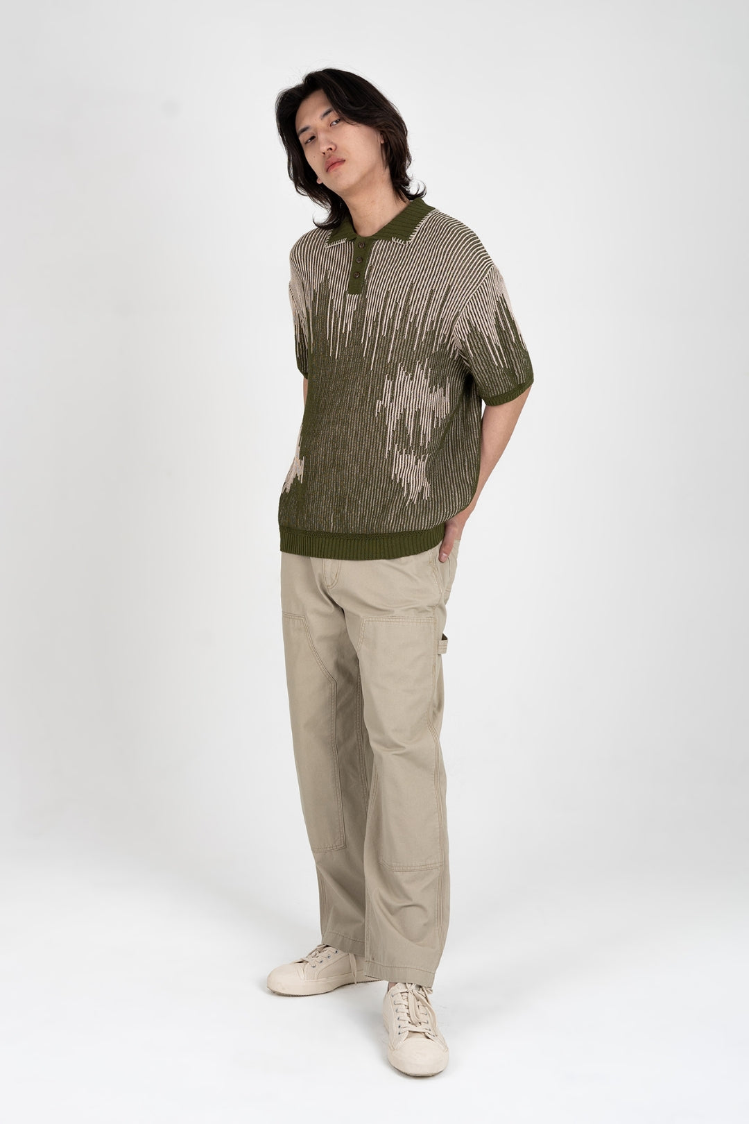 IOEDLE Meteor Shower Knit Khaki shirt, casual men's shirt in soft khaki fabric, featuring a textured knit design.