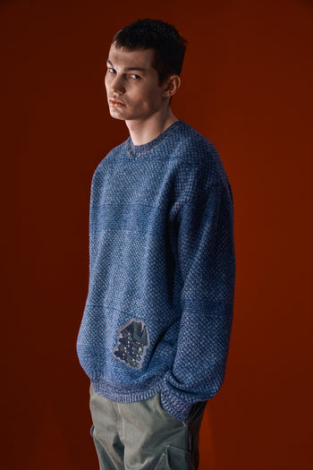 Navy House of Cars sweater by IOEDLE featuring a cozy knit design and a printed car-themed graphic on the front.