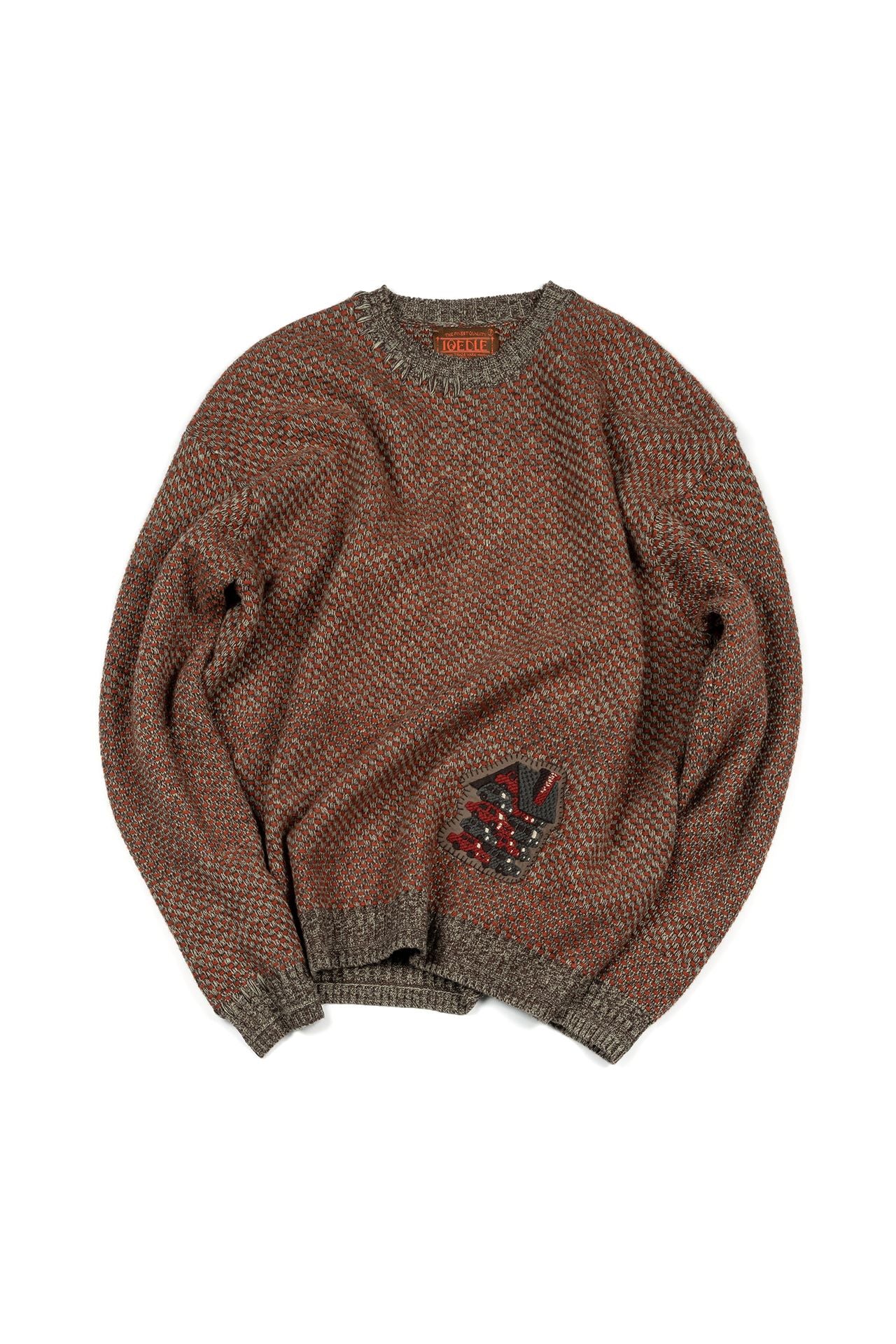Red and brown House of Cars sweater by IOEDLE, featuring a cozy knit design and car-themed pattern.