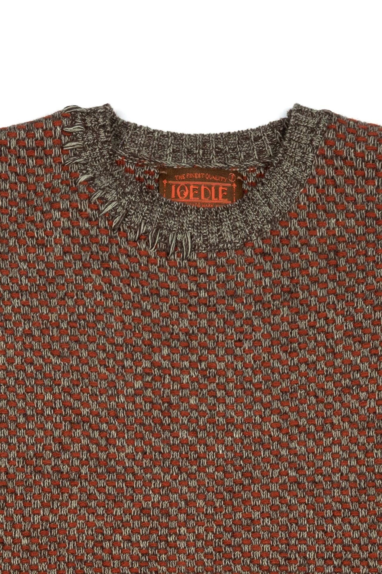 Red and brown IOEDLE House of Cars sweater, cozy knit with car-themed design, displayed on a hanger.