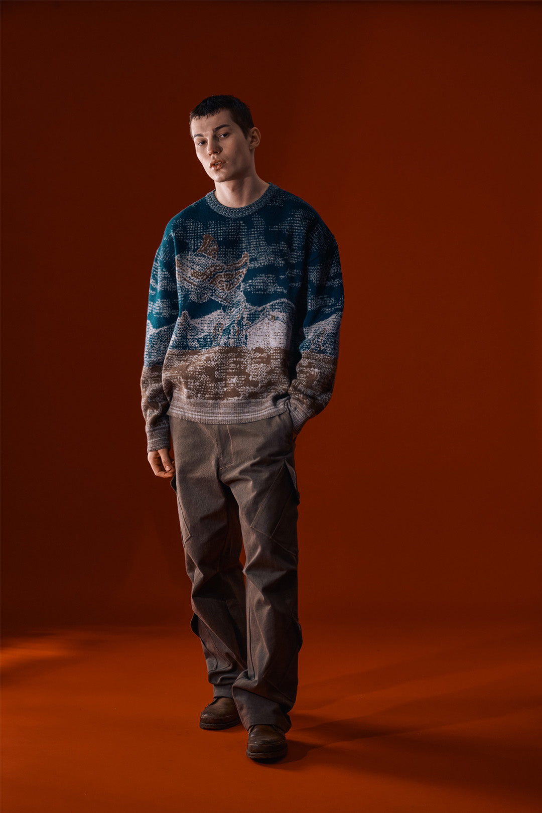 Navy sweatshirt by IOEDLE featuring a lighthouse at night printed design, crewneck style, soft fabric, and casual fit.