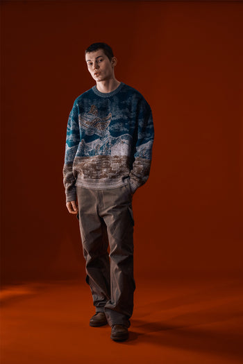 Navy sweatshirt by IOEDLE featuring a lighthouse at night printed design, crewneck style, soft fabric, and casual fit.