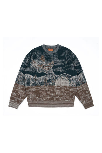 Navy Lighthouse at Night Sweatshirt by IOEDLE featuring a detailed lighthouse scene on soft fabric.