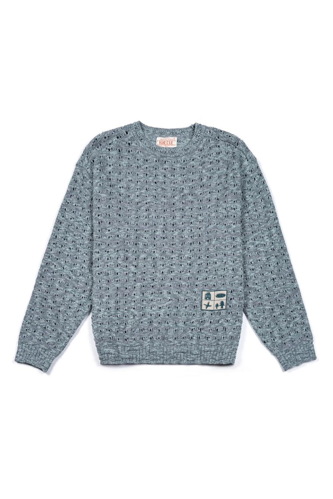 IOEDLE Beyond The Glass Mesh Knit Blue sweatshirt, lightweight blue knit fabric with mesh detailing, casual and stylish.