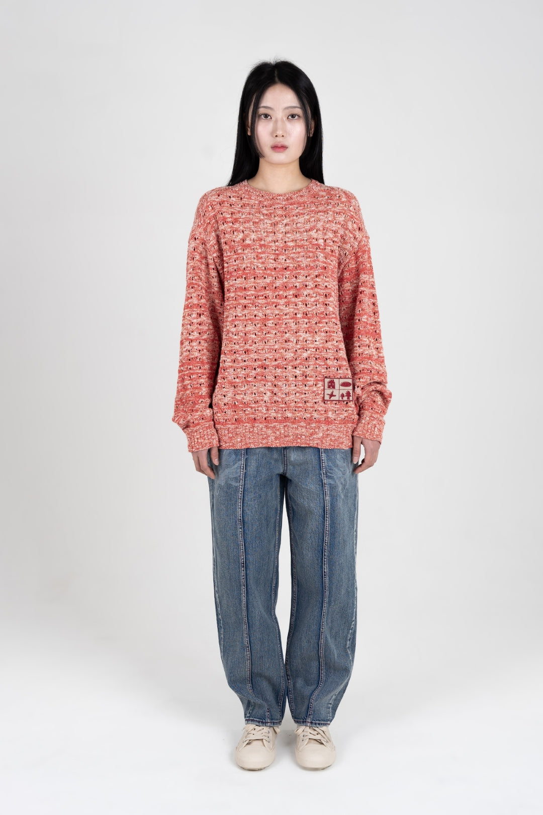 Red mesh knit sweatshirt by IOEDLE, featuring a stylish Beyond The Glass design and comfortable fit.
