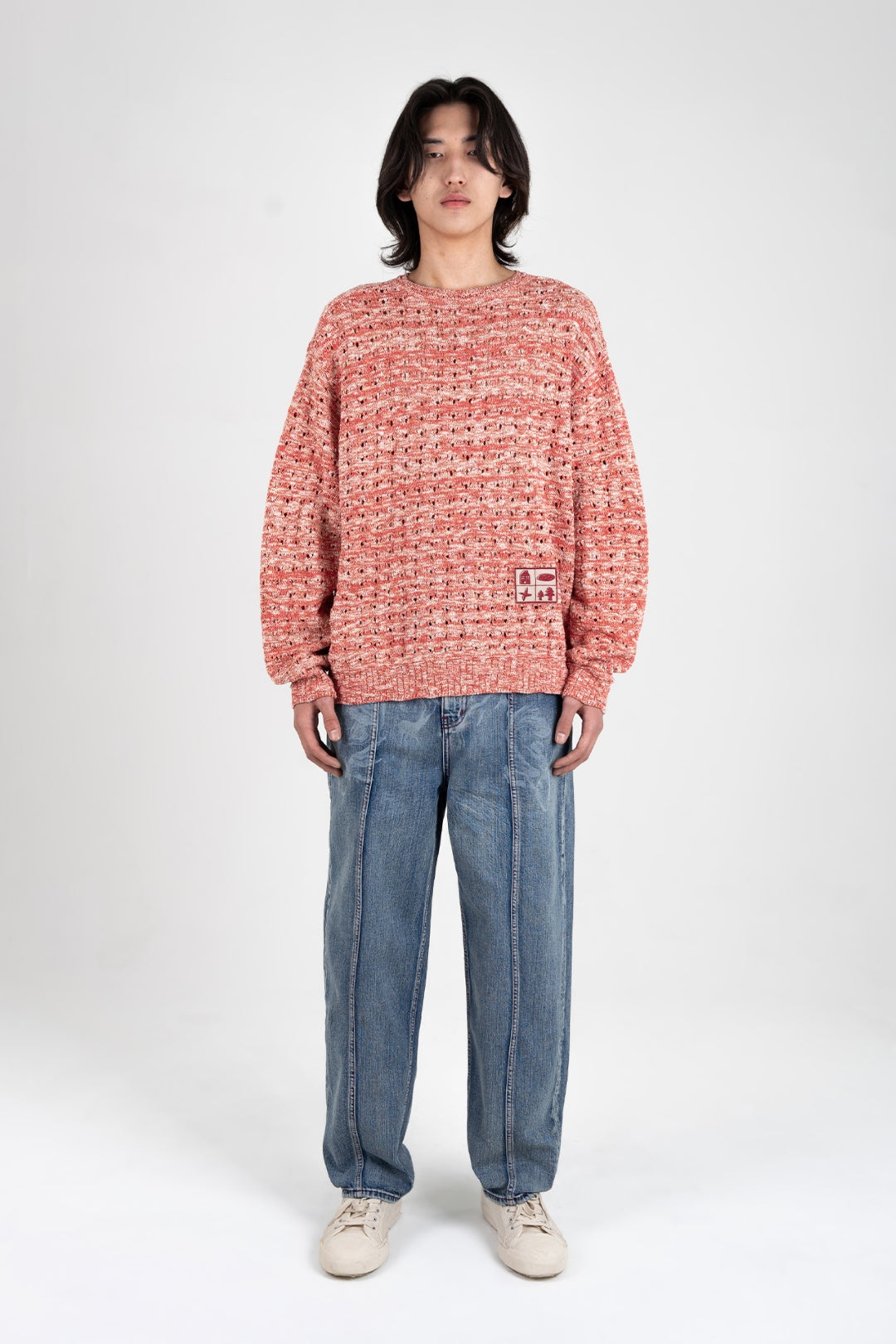 Red mesh knit sweatshirt by IOEDLE featuring a casual fit and stylish design, perfect for comfortable everyday wear.