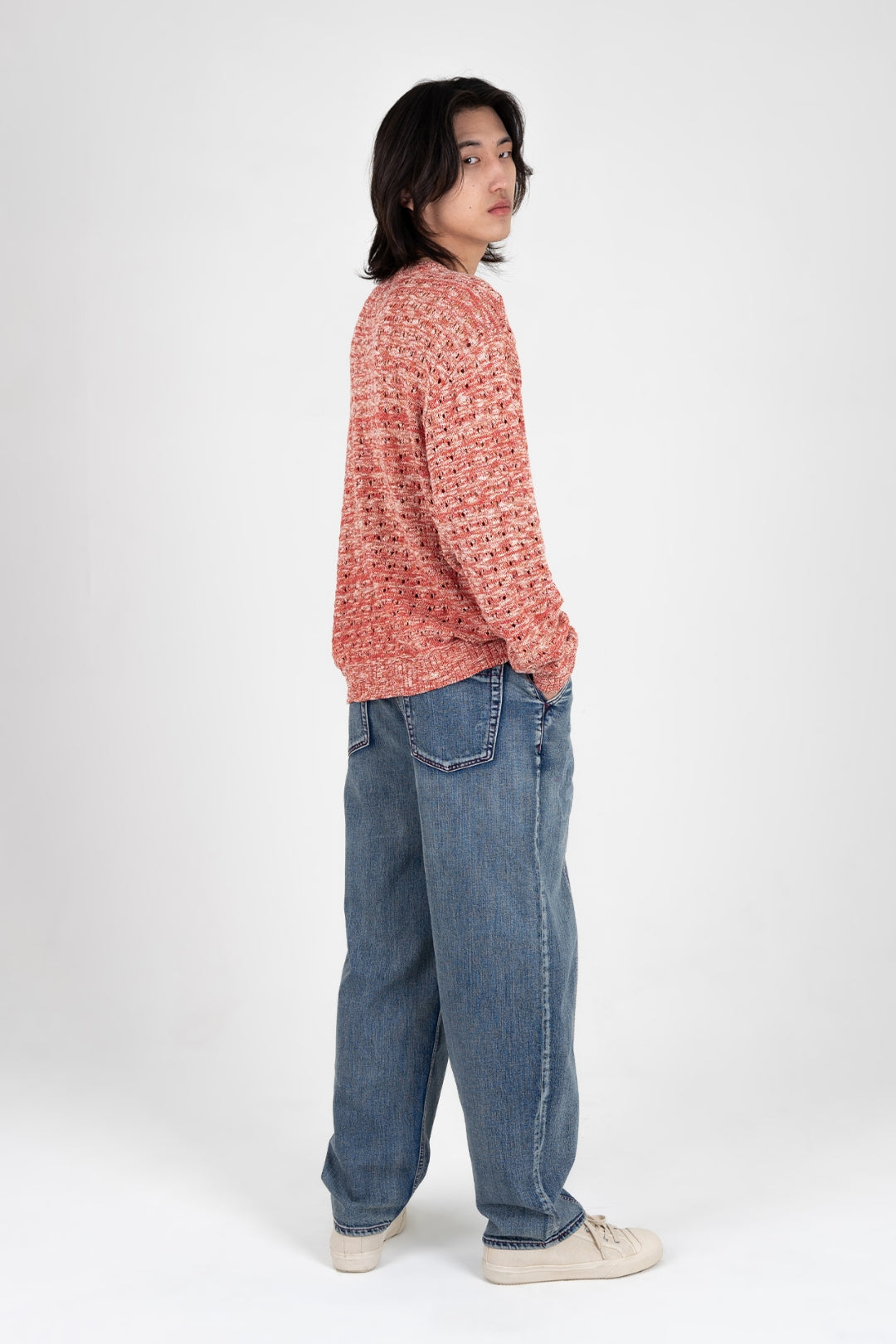 Red IOEDLE Beyond The Glass Mesh Knit Sweatshirt, showing close-up of textured fabric and fit on a model.