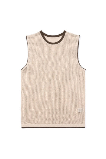 Beige Berry Entwined Mesh Vest by IOEDLE, a stylish sleeveless top with woven berry design for a trendy layered look.