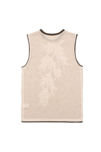 Beige Berry Entwined Mesh Vest by IOEDLE, a stylish sleeveless top with woven berry pattern and mesh fabric.