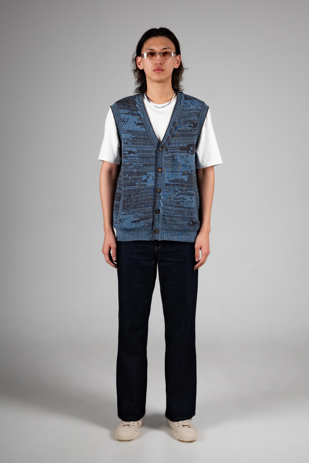 Blue Mosaic City Knit Vest Cardigan by IOEDLE, a stylish knit top with a detailed mosaic pattern and a comfortable fit.