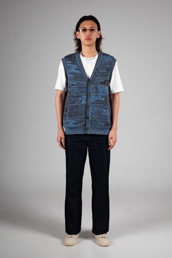 Blue Mosaic City Knit Vest Cardigan by IOEDLE, a stylish knit top with a detailed mosaic pattern and a comfortable fit.