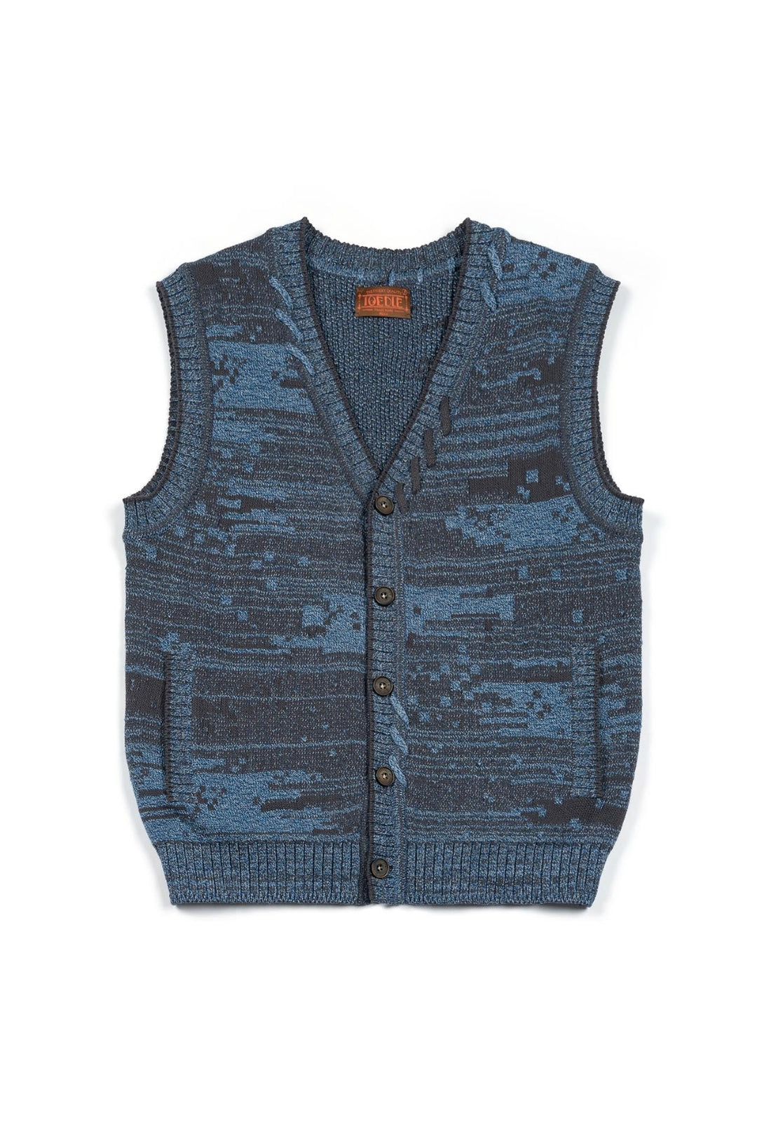 Blue Mosaic City Knit Vest Cardigan by IOEDLE, a stylish knit top with intricate mosaic pattern and a comfortable fit.