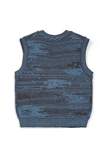 Blue Mosaic City Knit Vest Cardigan by IOEDLE, featuring a textured knit design, worn as a stylish top or layering piece.